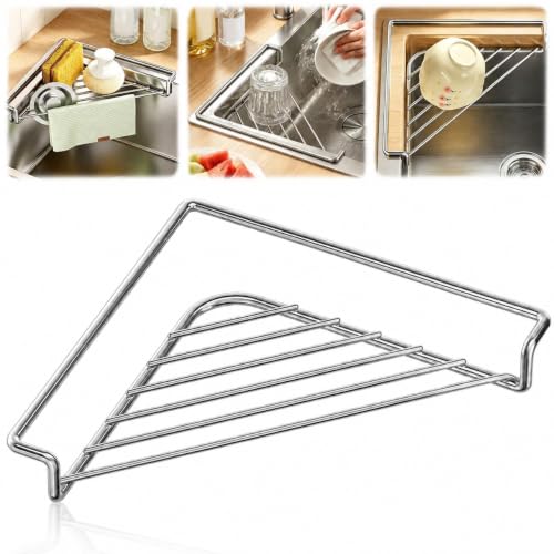 Silver Stainless Steel Corner Sink Shelf with Triangular Wire Rack
