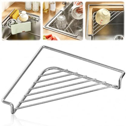 Silver Stainless Steel Corner Sink Shelf with Triangular Wire Rack