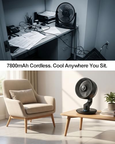 Black Desk Fan for Bedroom Air Circulator, Battery Powered Cordless Fan