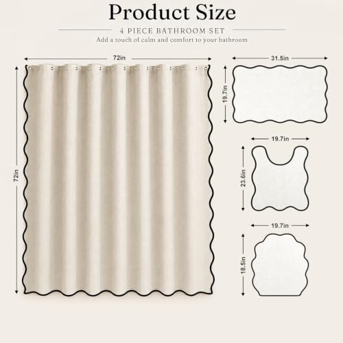 Beige and Black Bathroom Decor Set with Scalloped Edges - Minimalist 4-Piece