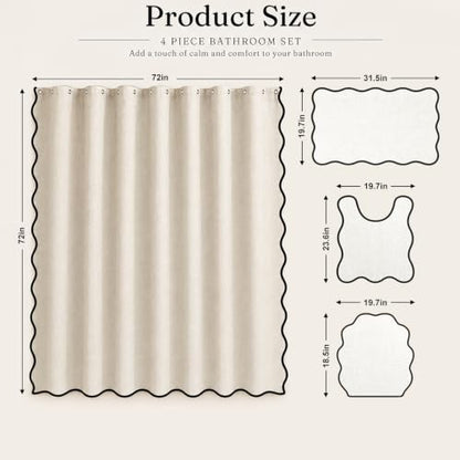 Beige and Black Bathroom Decor Set with Scalloped Edges - Minimalist 4-Piece