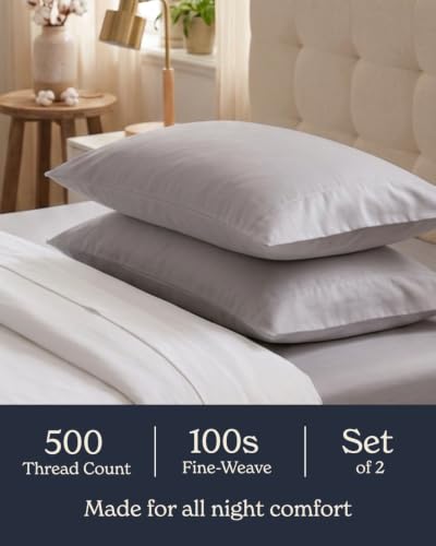 Light Gray Queen Pillowcases Set of 2 - Cool Touch Sateen Cotton, 500TC, Silky & Soft