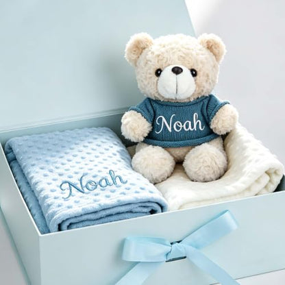 Personalized Baby Blanket with Teddy Bear Set for Boy's Gift - Soft & Customizable