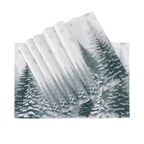 Winter Forest Snow Scene Placemats Set of 6 Christmas Table Mats 12x18 Burlap Washable