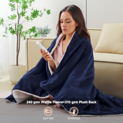 Queen Size Waffle Fleece Heated Blanket with Dual Control Navy - Fast Heating