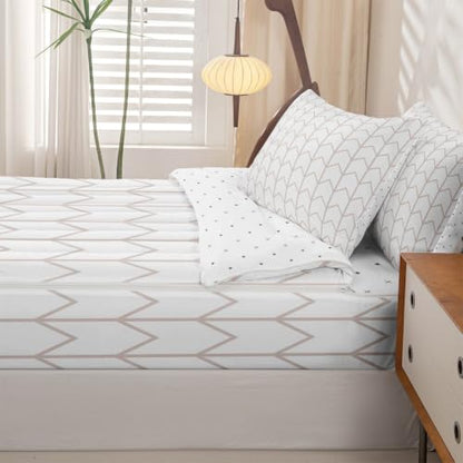 Beige White Geometric Chevron Zipper Bedding Set Twin - Arrow Pattern Bed in a Bag
