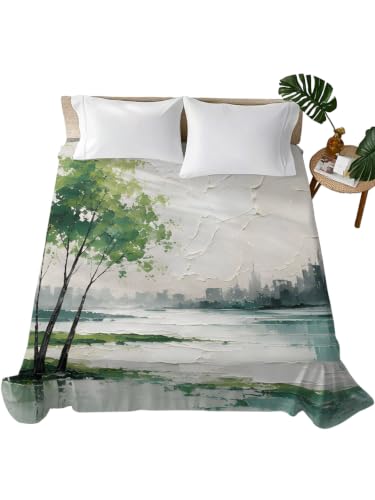 Queen Flat Sheet - Green Forest Tree Mountain Pastoral Landscape Microfiber Bedding, Sage Green, Queen Size