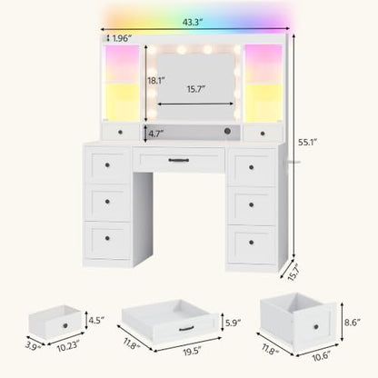 Makeup Vanity Desk with Mirror and RGB Lighting, 9 Drawers & Cabinets