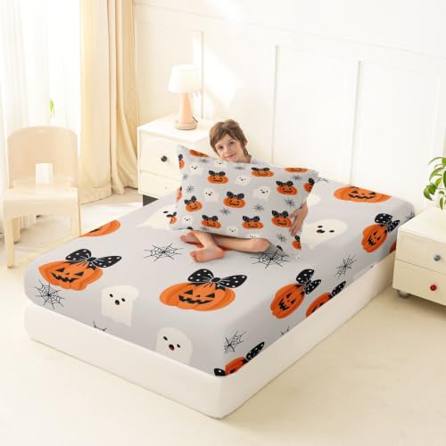 White Pumpkin Bed Sheets Set Twin Size Halloween Microfiber Deep Pocket Fitted Sheet