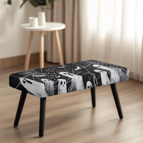 Halloween Ghost Chair Cover Set of 4 with Matching Bench Slipcover - Black