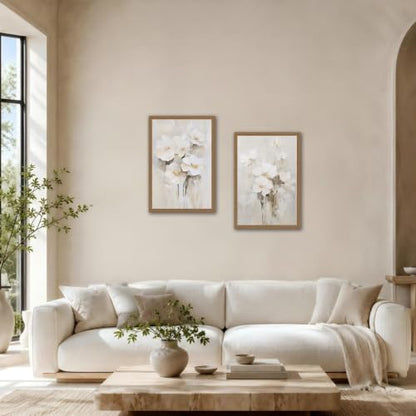 White Beige Floral Wall Art Set of 2 Canvas Prints 12x16in - Neutral Decor