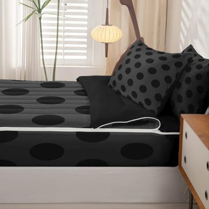 Kids Zipper Bedding Set Twin Size Black & Grey Polka Dots with Pillowcases