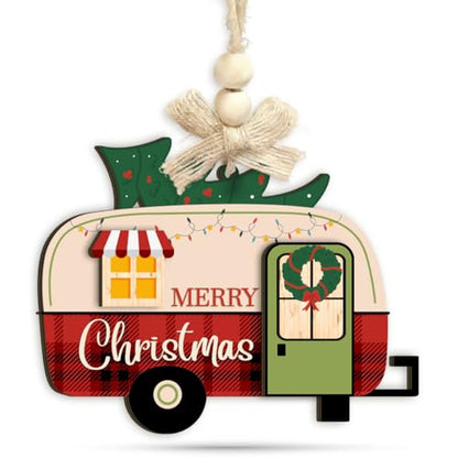 Christmas Wooden Camper Ornament - Rustic Holiday Travel Decor