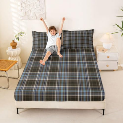 Full Size Vintage Plaid Bed Sheet Set Blue Brown Buffalo Checkered Sheets with Pillowcases