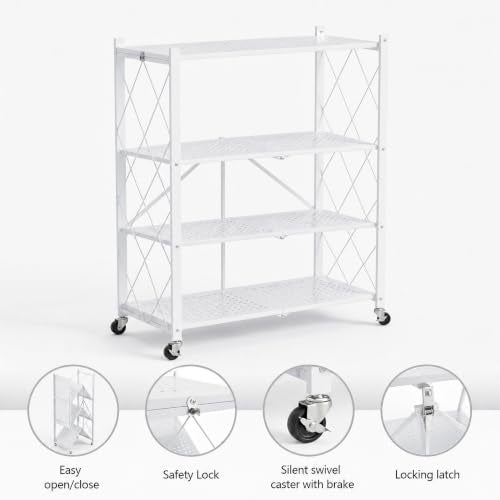 White 4-Tier Foldable Storage Shelves with Wheels - No Tools Needed