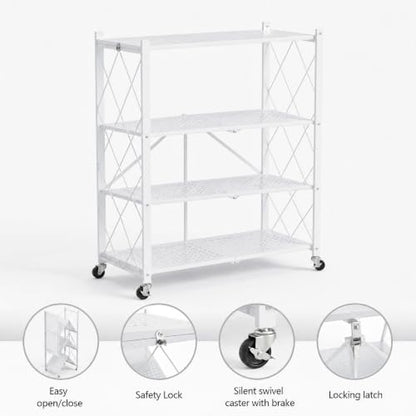 White 4-Tier Foldable Storage Shelves with Wheels - No Tools Needed