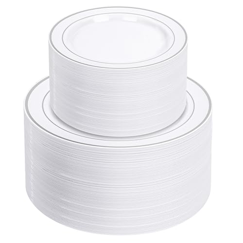 White & Silver Disposable Plates Set for 100 Guests - Heavy Duty Party Dinner & Dessert