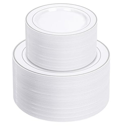 White & Silver Disposable Plates Set for 100 Guests - Heavy Duty Party Dinner & Dessert