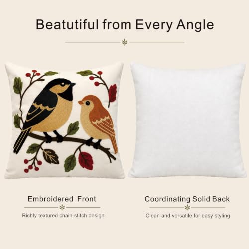 Botanical Birds Embroidered Throw Pillow Cover 18x18 Inches - Pack of 1
