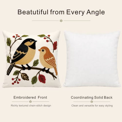 Botanical Birds Embroidered Throw Pillow Cover 18x18 Inches - Pack of 1