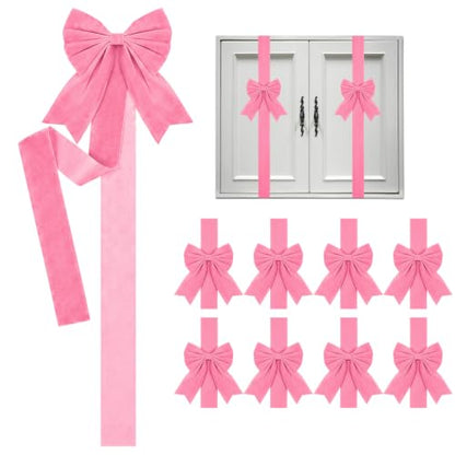 Pink Velvet Christmas Cabinet Bows Ribbons - 8 Pack, 78.7" Length, Easy Hook Installation