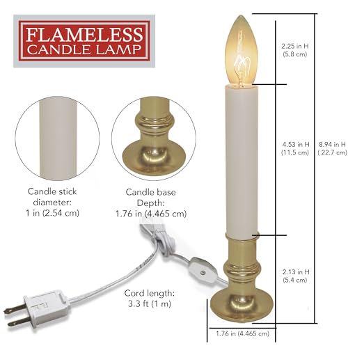 Electric Window Candle Lamp - 10 Inch Brass Base, On/Off Switch - Christmas & Decor