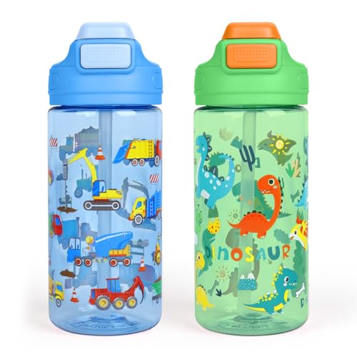 Kids Water Bottle with Straw 16.2oz BPA-Free Tritan Plastic - Blue Car & Green Dinosaur 2 Pack
