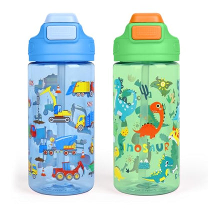 Kids Water Bottle with Straw 16.2oz BPA-Free Tritan Plastic - Blue Car & Green Dinosaur 2 Pack