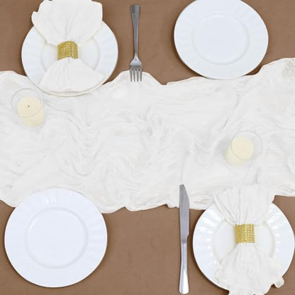 White Cheesecloth Table Runner 35x120 Inches - Gauze Wrinkle Design, 1 Pack - Bohemian Style, Casual Decor