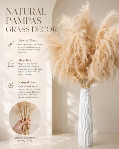 10Pcs 40-Inch Faux Pampas Grass with 22.8-Inch White Floor Vase - Boho Home Decor