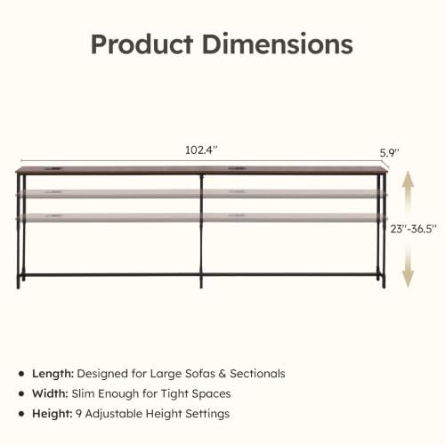 102.4-Inch Walnut Sofa Table with Charging Stations & LED Lighting - Adjustable Height