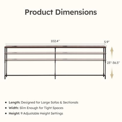 102.4-Inch Walnut Sofa Table with Charging Stations & LED Lighting - Adjustable Height