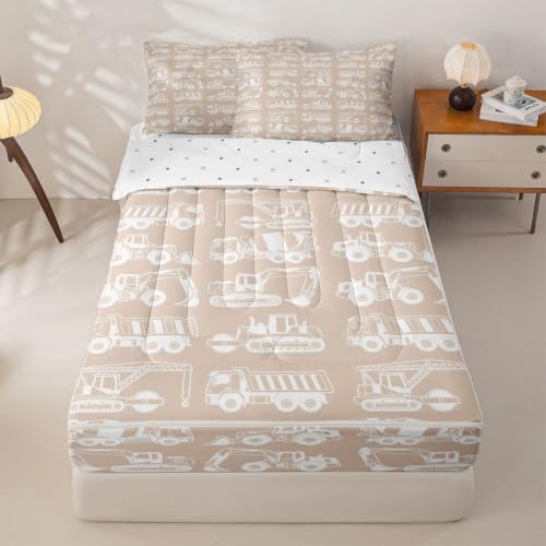 Kids Construction Excavator Comforter Set Twin Size - Light Khaki / Twin
