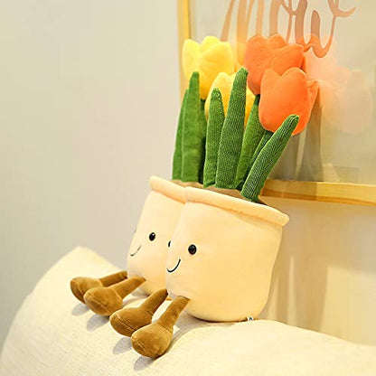 Tulip Plush Toy, 13" Orange Flower Pot Stuffed Throw Plushie Pillow Doll, Soft Fluffy Plant Friend Hugging Cushion - Present for Every Age & Occasion