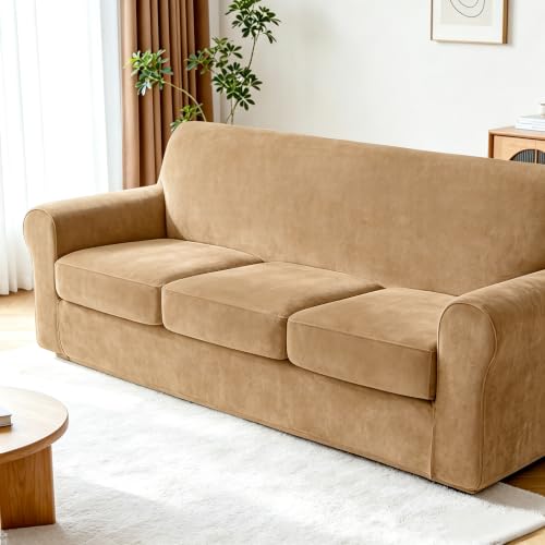 Luxury Velvet Sofa Cover for 3-Seater Couch - Camel, Heavyweight & Tailored Fit