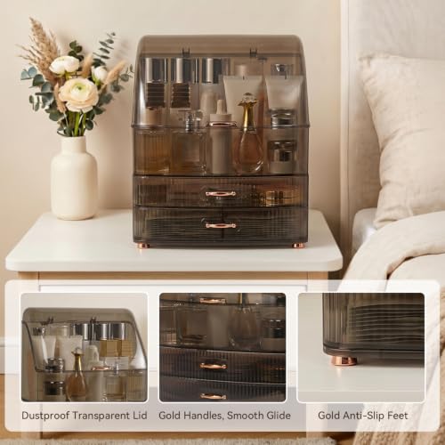 Clear Makeup Organizer Countertop with Lid & 2 Drawers for Vanity