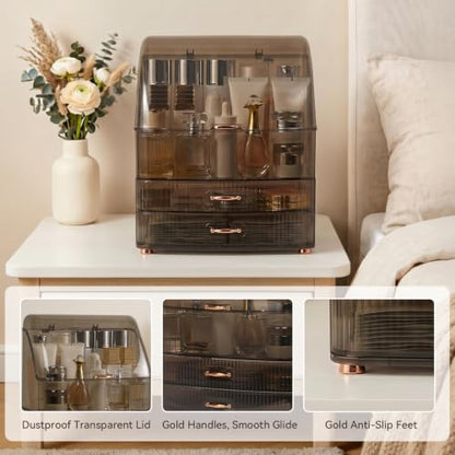 Clear Makeup Organizer Countertop with Lid & 2 Drawers for Vanity