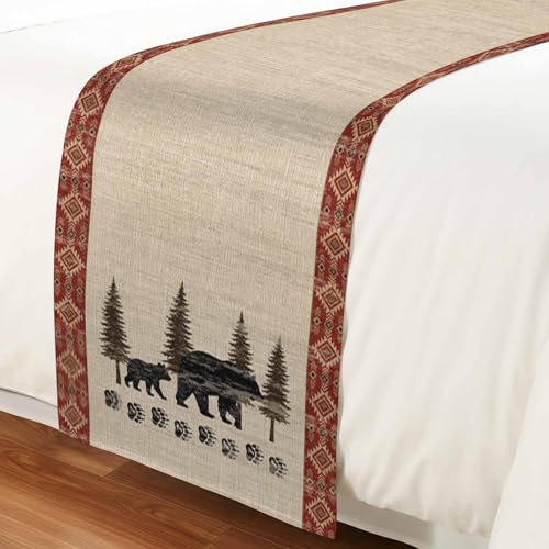 King Size Black Bear Rustic Bed Runner with Cream, Red Variations 102x20 Inches