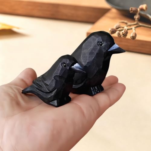 Hand-Carved Wooden Raven & Crow Figurine Set - Gothic Home Decor