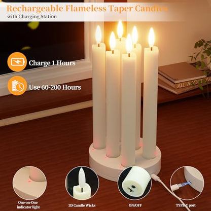 Rechargeable Flameless Taper Candles with Charging Station - 6 Pack Real Wax
