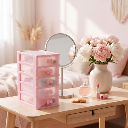 Pink 5-Tier Makeup Organizer with Bow Handle - Desktop Storage Box