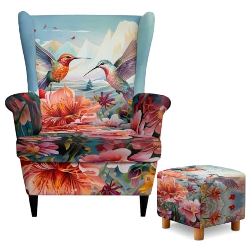 Vintage Hummingbird Wingback Chair & Ottoman Slipcover Set with Floral Pattern, Non-Slip Fit - Variation of Vintage Hummingbird Flower Wingback Cover