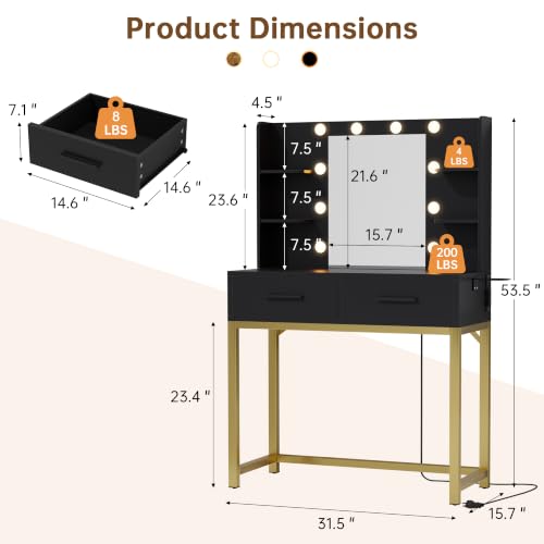 YESHOMY 31.5'' Small Vanity Desk with LED Mirror, Black - 3-Mode Lighting, Built-in USB/ outlets