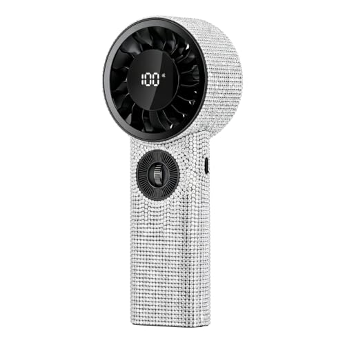 White Diamond Luxury Handheld Fan with Rhinestones, 100 Speed Stepless Control