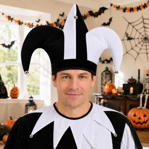 Black & White Jester Hat Costume - Circus Clown Cap for Halloween Carnival - 1pc Jester Variation