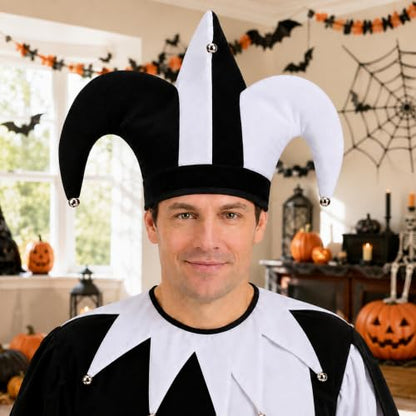 Black & White Jester Hat Costume - Circus Clown Cap for Halloween Carnival - 1pc Jester Variation
