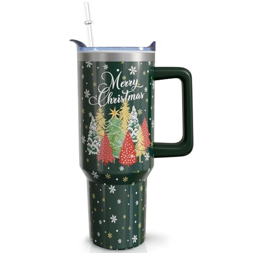Pink Christmas Tumbler with Handle and Straw, 40oz Insulated Stainless Steel Snowman Cup - Green-Tree Variation