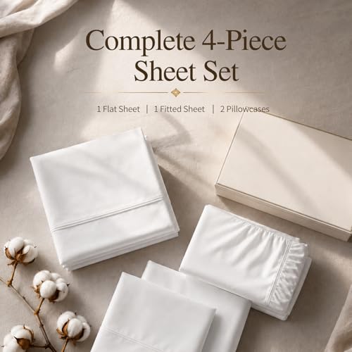 Queen Egyptian Cotton Bed Sheets with 16-Inch Deep Pockets, White - Luxury Bedding Set