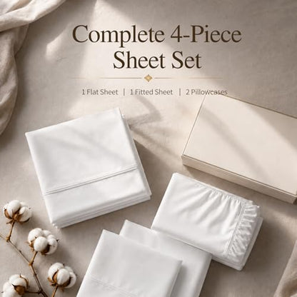 Queen Egyptian Cotton Bed Sheets with 16-Inch Deep Pockets, White - Luxury Bedding Set