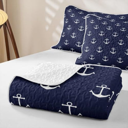 Navy Blue Nautical Anchor Full Quilt Set with Pillow Shams - Ocean Sailboat Microfiber Bedding